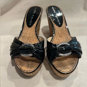 Marc Fisher Black/Cork Slip On Wedges 9